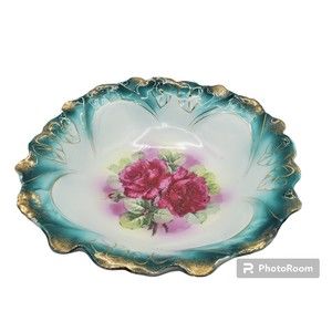 Vintage Floral Gold Accent Fruit Bowl Unmarked Unbranded Red Roses Beautiful.